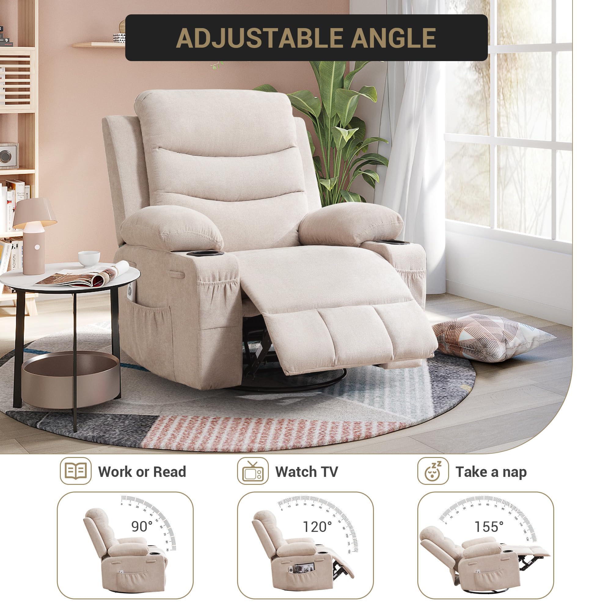 Recliner Chair Nursery, Oversized Manual Reclining Rocking Chair, 360 Swivel Glider with Cup Holder, Massage and Heat Recliner, Indoor Small Single Sofa Chairs for Adults RV Bedroom, Beige/Grey/Brown