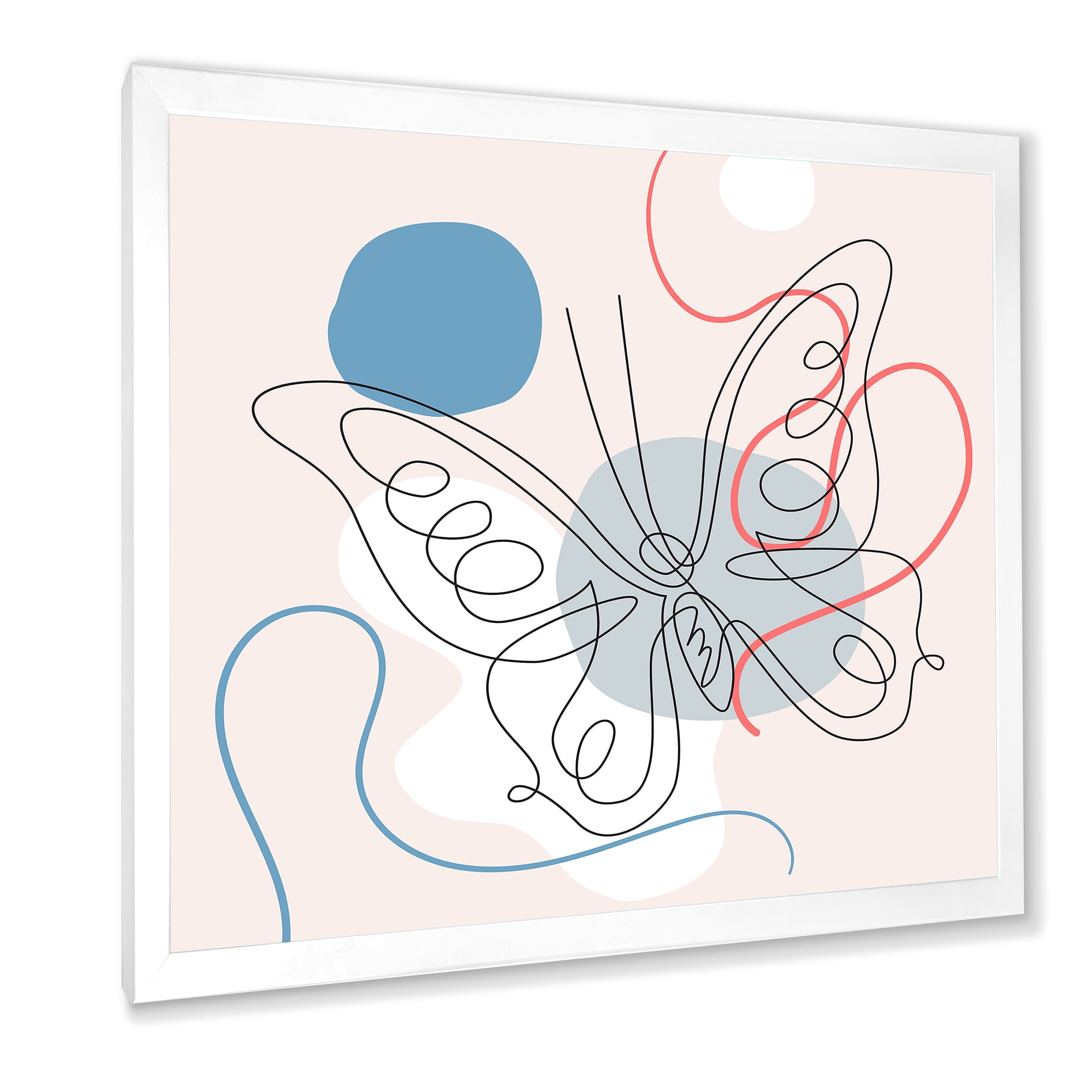 Designart 'One Line Butterfly Drawing On Cubism Shapes III' Modern Framed Art Print