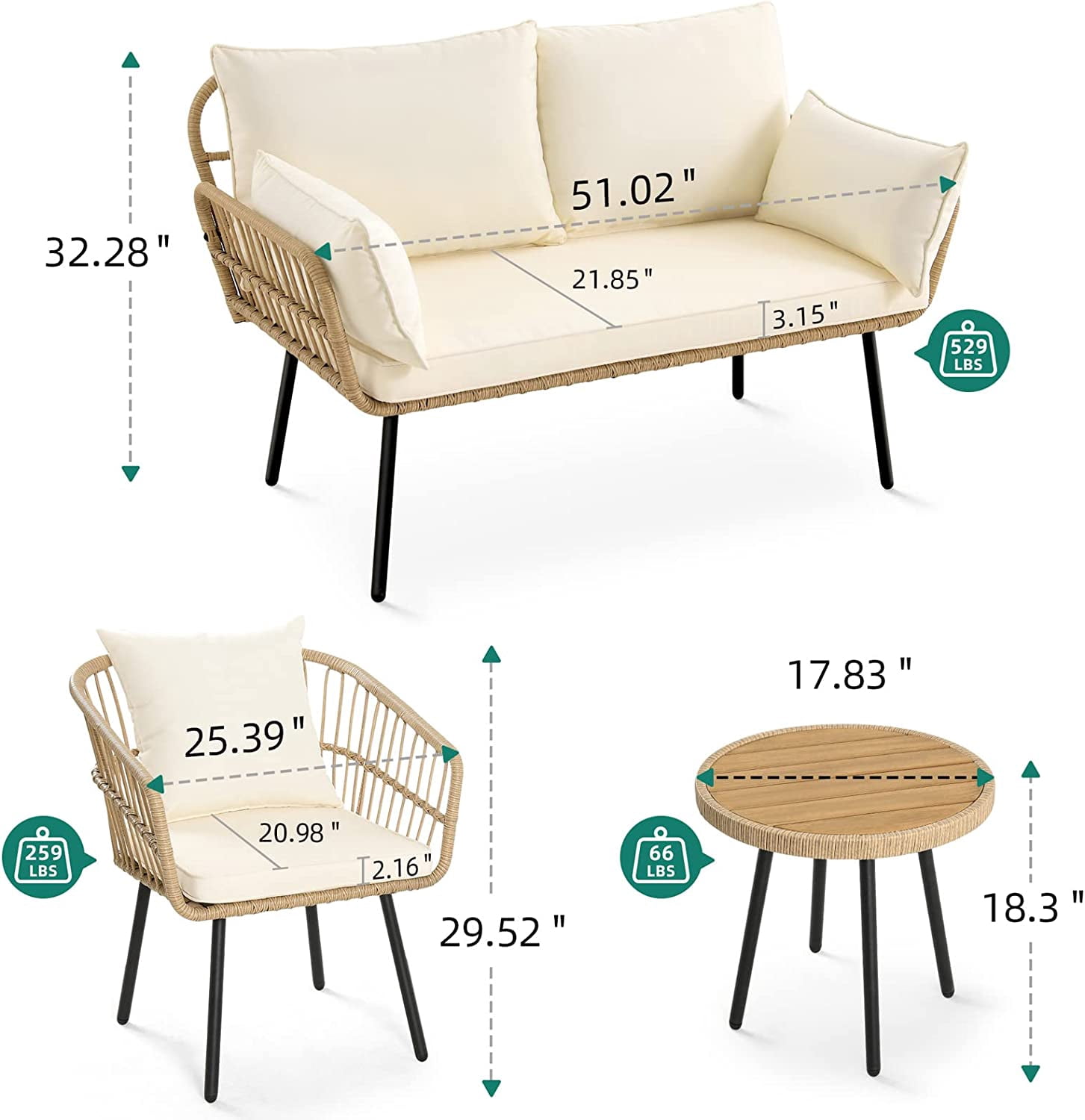 DEXTRUS Outdoor Patio Furniture Set 4 Pieces PE Rattan Wicker Sofa Set w/ Dining Table for Backyard, Pool, Deck, Garden - Beige