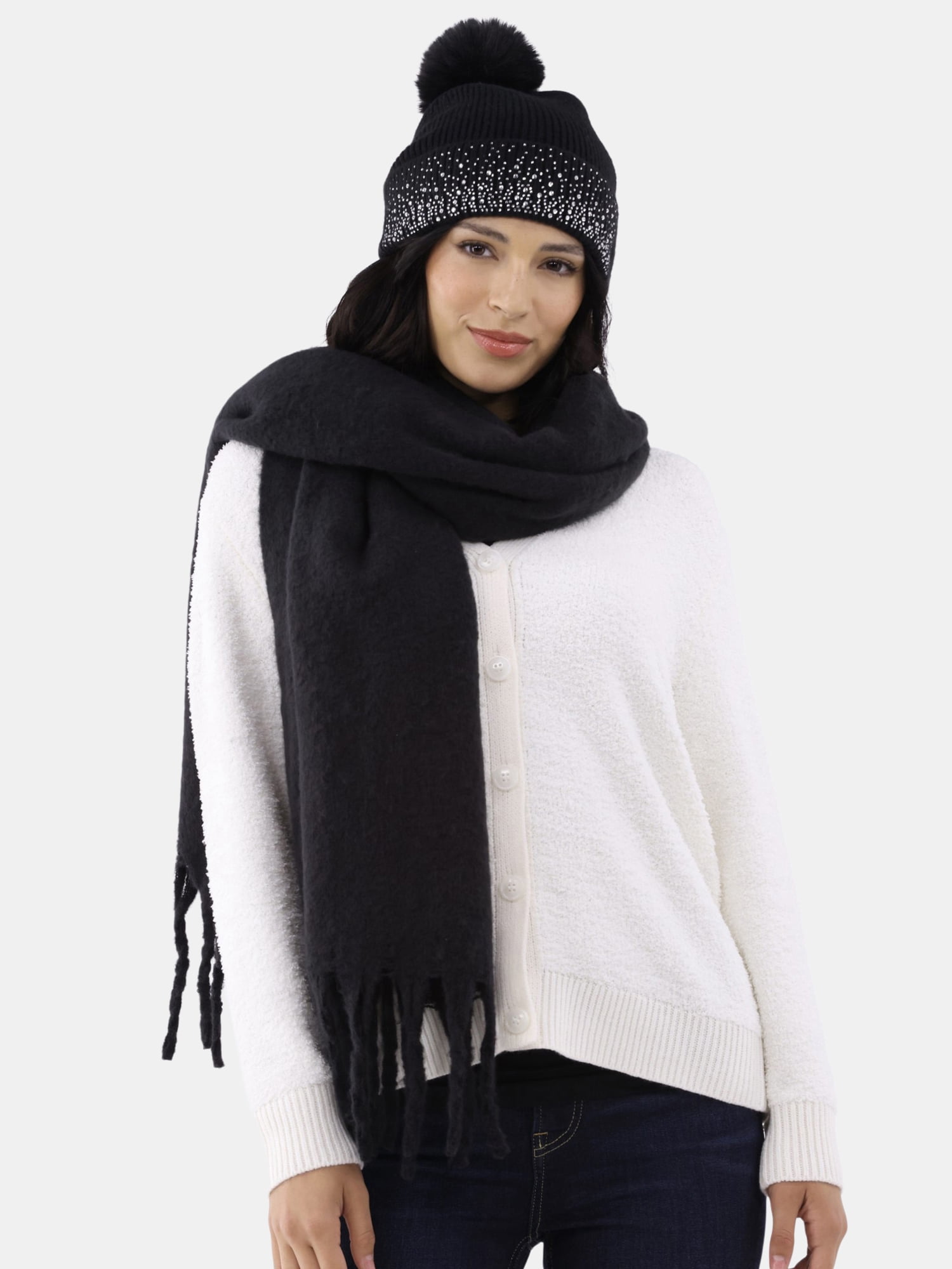 Madden NYC Women's Beanie and Winter Scarf 2-Piece Set, Black