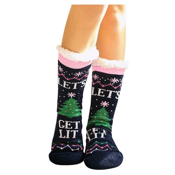 Ploknplq Women's Socks Winter Super Soft Warm Fuzzy Fleece-lined Grippers Slipper Socks Blue One Size