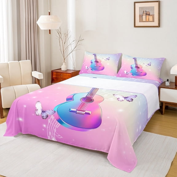 Erosebridal Music Guitar Bed Sheets Set Twin Size,Modern Musical Bedding Sets Twin Size,Gradient Butterfly Bed Sheets Twin For Girls,Super Cozy Princess Room Decorative，3 Pieces