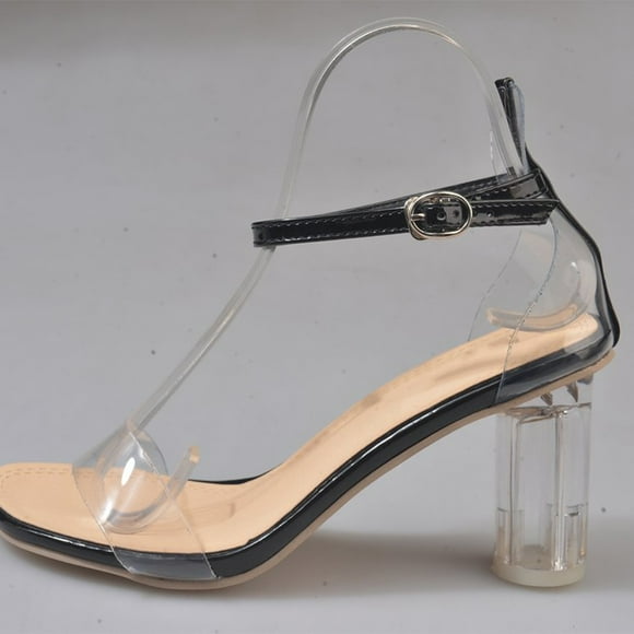 TAILTOSS 1 Pair Women Clear Heels Black Pu Rubber Square Buckle Transparent Heel Elegant Look Party