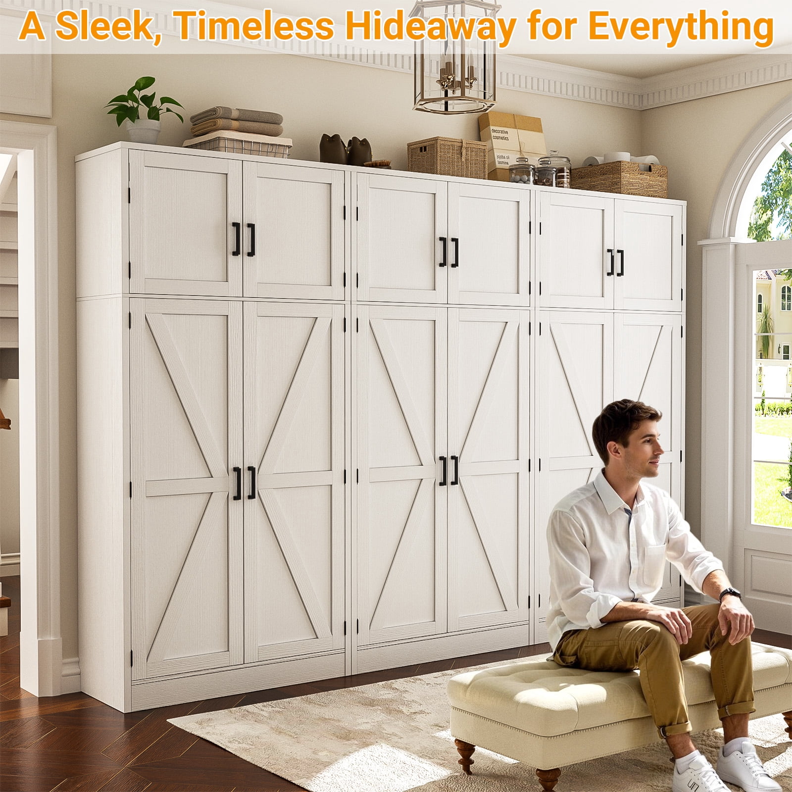 Homieasy 71” Tall Farmhouse Kitchen Pantry Cabinet with Adjustable Shelves and Barn Doors, Versatile Storage Cabinet for Dinning Room, Bathroom, Living Room, White