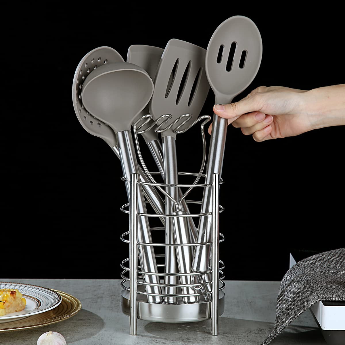 ReaNea Cooking Utensils Set 8 Piece, Stainless Steel Kitchen Utensils Set  with Utensil Holder, Kitchen Tool Set and Caddy