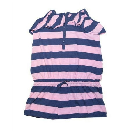 Ralph Lauren Girls Striped Ruffle Pony Logo Romper (M(8-10), Pink/navy)