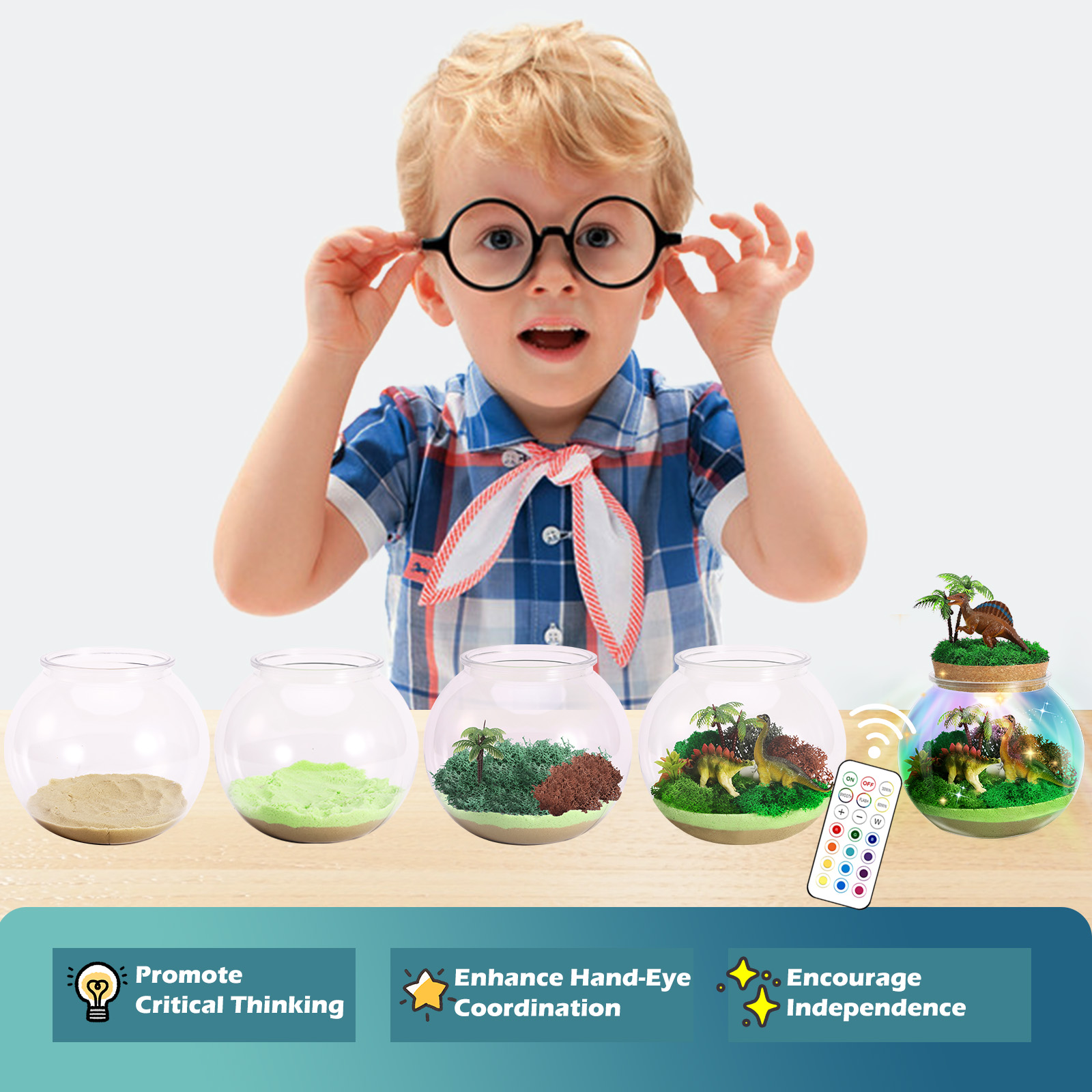 Dinosaur Light-Up Terrarium Kit for Kids- Multicolor LED Night Light Birthday Gifts - Dinosaur Toys for Boys Ages 4-6 7 8 9 10 Year Old - Kids Arts and Crafts Kit