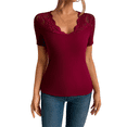 thumbnail image 2 of Camisetas de Corta con Cuello en V y Encaje para Mujer, Camisetas Básicas Ajustadas de Punto Acanalado, Estilo Informal de Verano para Negocios Vino Tinto L, 2 of 10