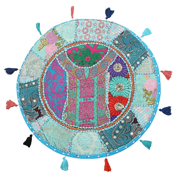 Stylo Culture Indian Round Throw Pillows For Bedroom Vintage Patchwork Floor Cushion Cover Turquoise 22" Big Floor Pillowcase Decorative Decor Seating Tuffet Seat Pouf Cover Cotton Embroidered 1 Pc