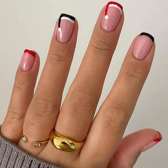 Christmas Press on Nails Short Square French Tip Fake Nails Nude Full Cover False Nails with Xmas Hat Designs Cute Acrylic Nails Glossy Glue on Nails Manicure Artificial Nails for Women Girls 24Pcs