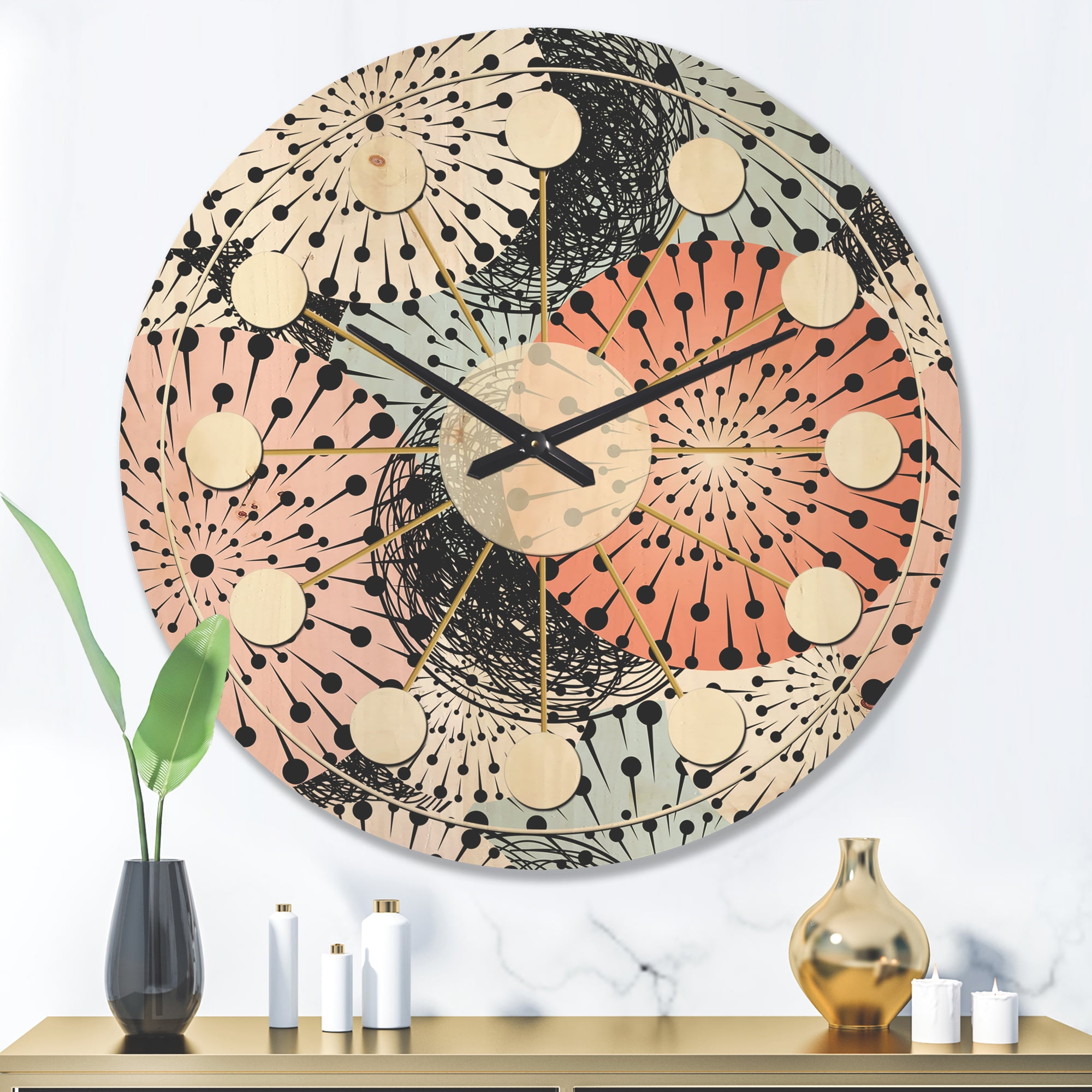 Designart 'Abstract Retro Flower Design I' Mid-Century Modern Wood Wall Clock