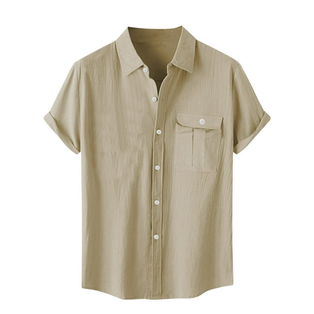Camisa de Manga Corta con Botón Casual de Color Sólido Botón Cardigan Bolsillo Turndown Cuello Blusa de los Hombres