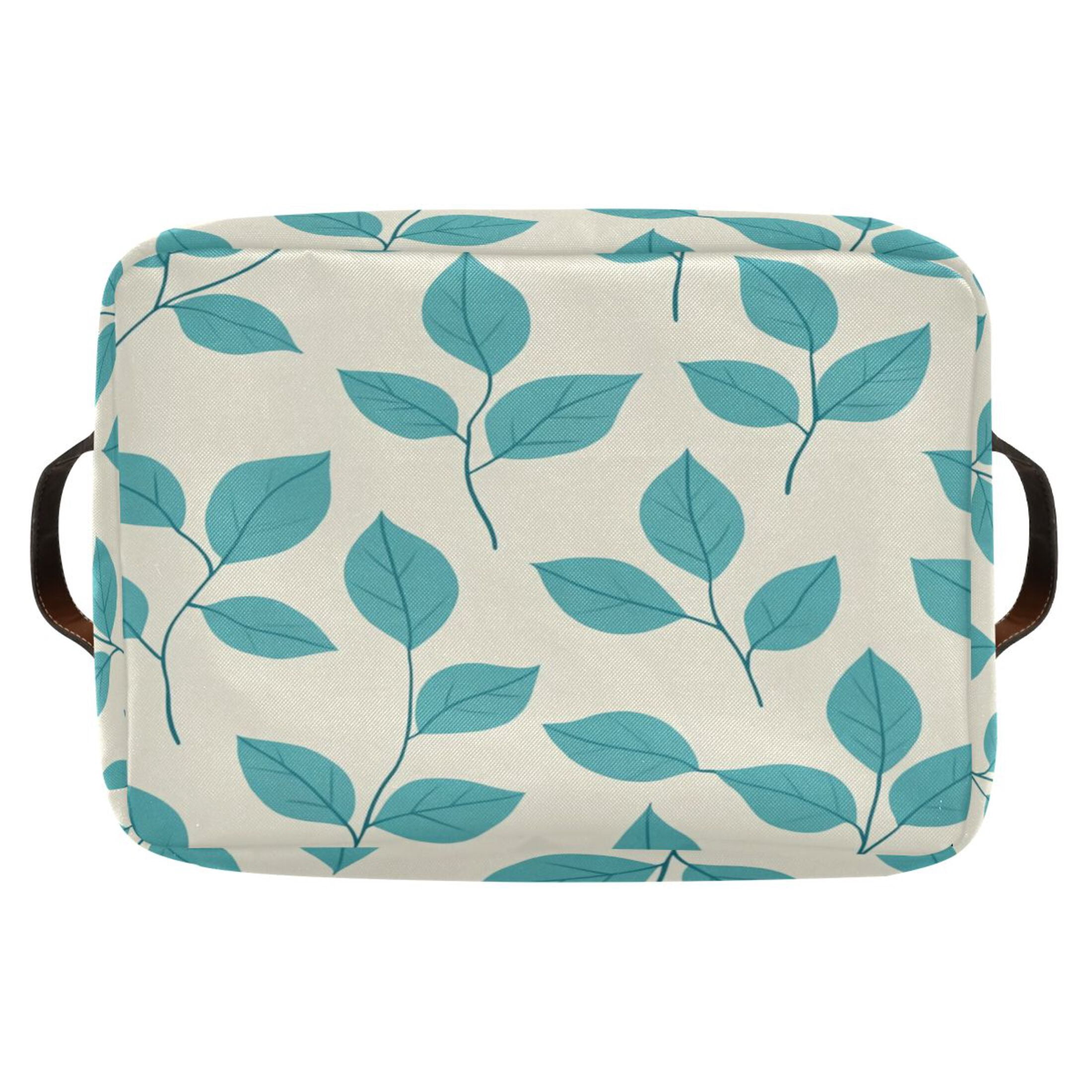 Turquoise Leaf Foldable Storage Basket,Canvas Fabric Foldable Storage Bins with Handles Open Home Storage Bins Boxes for Toy Book Shelf Closet Baskets