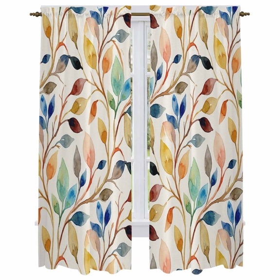 Colorful Eucalyptus Leaves Kitchen Curtain for Berdoom Living Room Cafe 72 Inch Length, Watercolor Botanical Modern Tiers Curtains Light Filtering Drapes Window Treatment 2 Panels 52"Wx72"L
