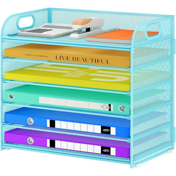 6 Tier Paper Organizer with Handle, Metal Desk Organizer Mesh Paper Letter Tray Desktop File Folder Document Sorter for Classroom, School, Office Accessories Organization and Storage - Blue