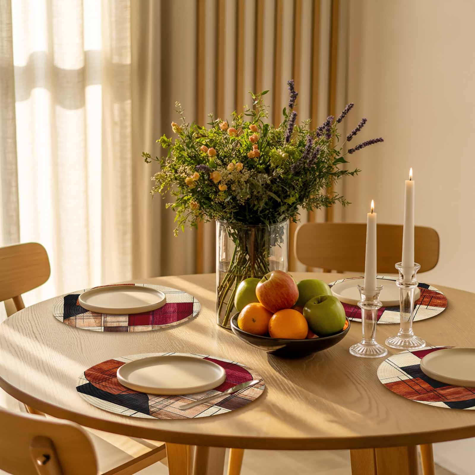 Round Placemats Red Brown Beige Geometric Painting 15 inch Set of 4 Table Mats for Dining Table Abstract Art Heat Resistant Non-Slip Kitchen & Home Decorative Place Mat Set
