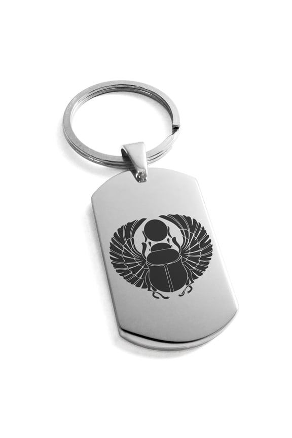 Stainless Steel Scarab Beetle Rising Sun Engraved Dog Tag Keychain Keyring