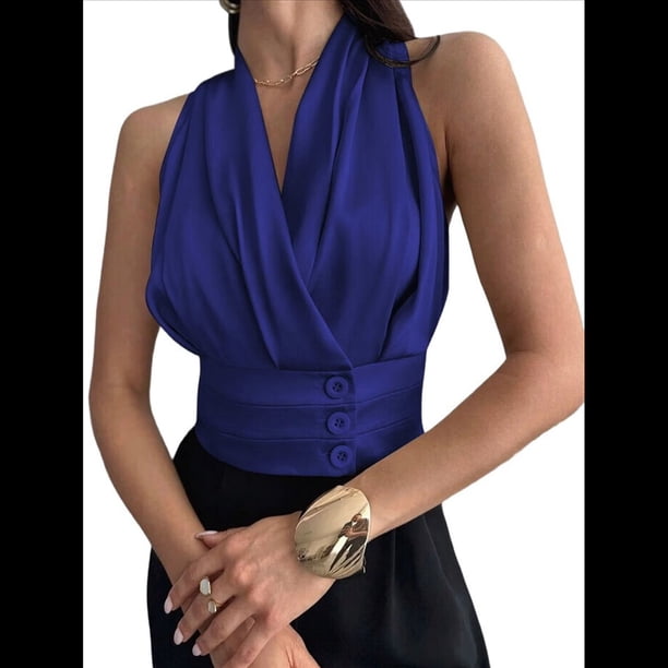 Blusas Plisadas Sin Mangas con Cuello en V para Mujer, Camisas Elegantes de Oficina. Azul M