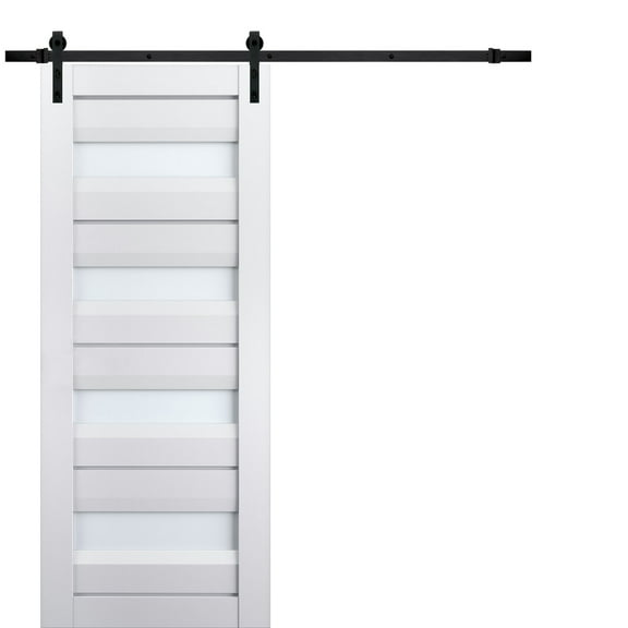 Sturdy Barn Door Frosted Glass | Veregio 7455 White Silk | 6.6FT Rail Hangers Heavy Hardware Set | Solid Panel Interior Doors-36" x 96"-Black Rail
