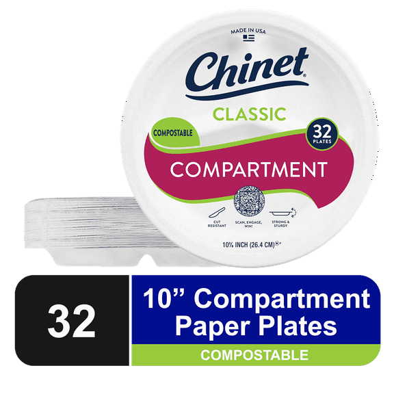 Chinet Classic Premium Disposable Paper Compartment Dinner Plates, White, 10 3/8”, 32 Count