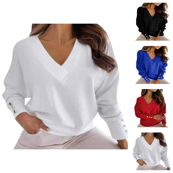 Womens Sweatshirt Women's Solid Sweatshirt Ladies Casual Loose Solid Color Buttons V-neck Long-Sleeved Sweater Women