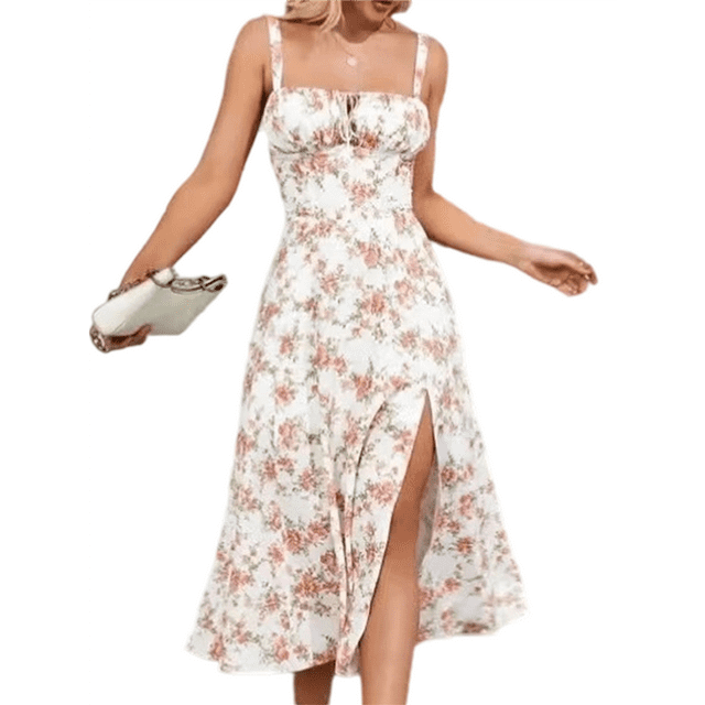 Robe Corset Midi Fluide Fendue à Lacets Robes pour Femmes Thé en Ligne Décontractée Robe d'Été Fleurs de Rose TG