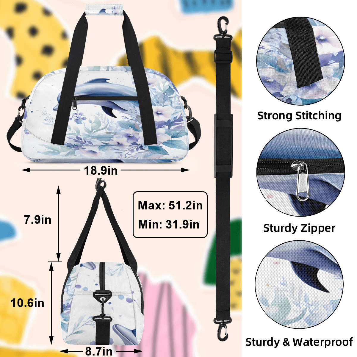 Herdesigns Ocean Animals Sports Duffle Bag for Women & Men, Dolphin Gym Bag Dance Bag Overnight Bag Carry On Weekender Travel Bag
