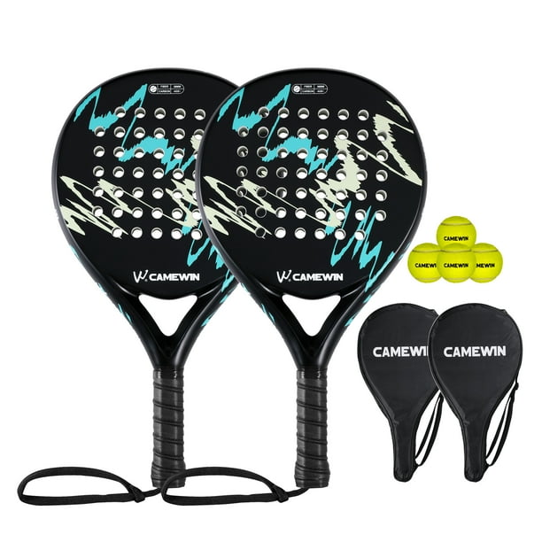 CAMEWIN 2 Palas de Pádel con Fundas, 2 Raquetas y 4 Pelotas,Kit de Raquetas para Pádel Fabricadas 100% Fibra de Carbono y Núcleo de Espuma Flexible de Memoria EVA, para Principiantes e Intermedios