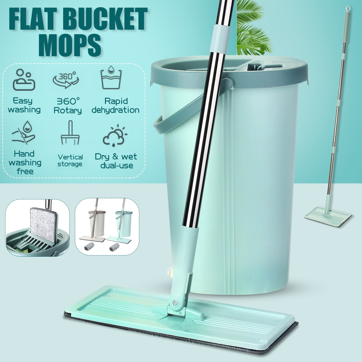 Self Wringing Mop Bucket Set Wet & Dry Cleaning Flat Floor Mop with