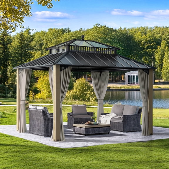 SUNJOY Kingston 12x10 Gazebo, Steel & PC Roof Hardtop Gazebo with Curtain and Netting - Cedar Posts