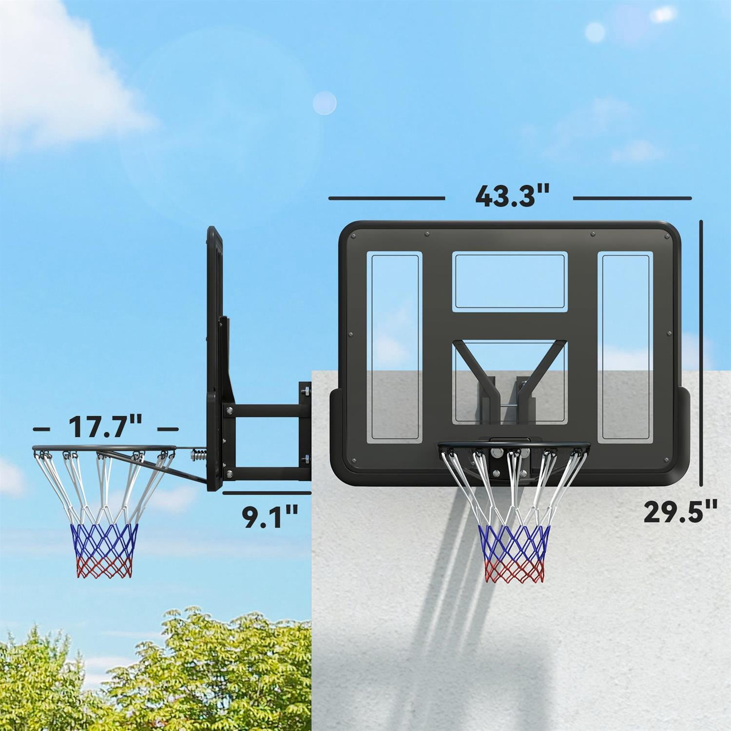 Demi Bonn Wall Mounted Basketball Hoop Combo Kit - 43" Reinforced Shatter Resistant Backboard, All Weather Net Indoor Outdoor,Black
