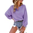 thumbnail image 1 of Sudadera de manga larga para mujer Camisa informal con cuello redondo y botones de color sólido Púrpura M, 1 of 7