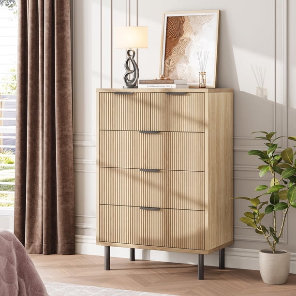 QinaQin Cómoda ondulada de 5 cajones para recámara, mueble alto de madera con amplio espacio de almacenamiento para dormitorio, sala, pasillo o clóset
