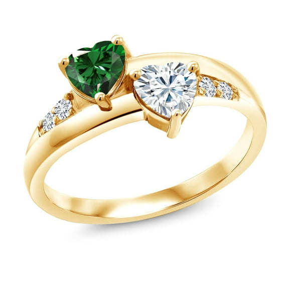 Gem Stone King 18K Yellow Gold Plated Silver Solitaire Ring Heart Shape Green Nano Emerald and Moissanite (1.00 Cttw, Size 7)