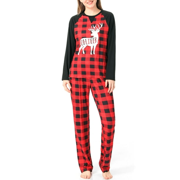 Family Matching Pajamas Set Adult Kids Baby Christmas Deer Print Crewneck Plaid Long Sleeve Sleepwear Family Pajamas Set WOMEN M Walmart
