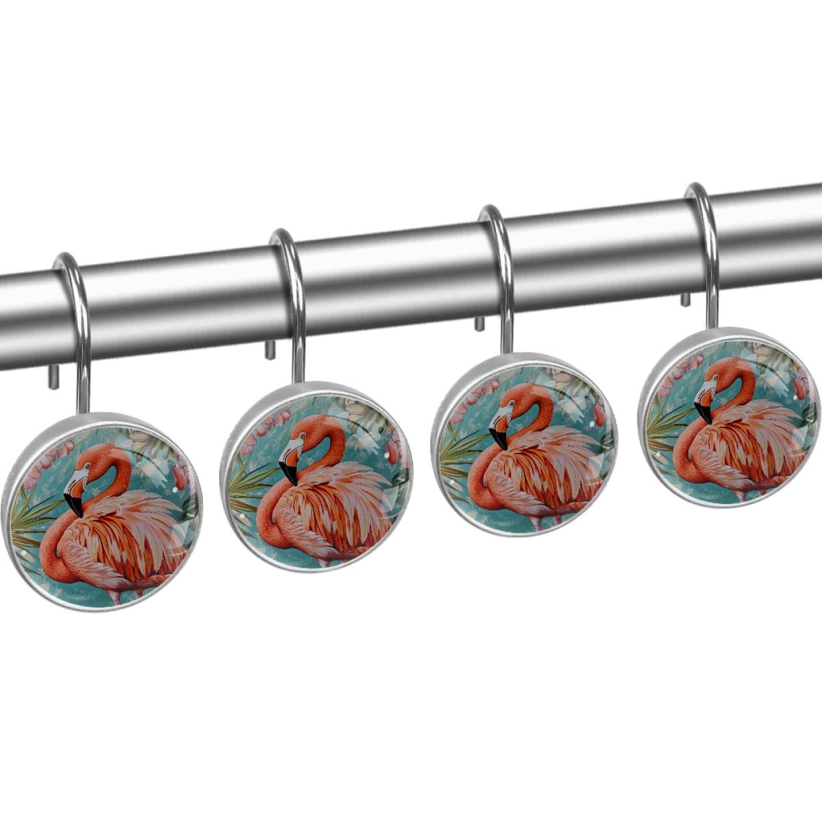 Tropical Hibiscus Flamingo Shower Curtain Hooks Round Crystal Glass, Set of 12 Shower Curtain Rings - Shower Hooks for Curtain Shower Rings