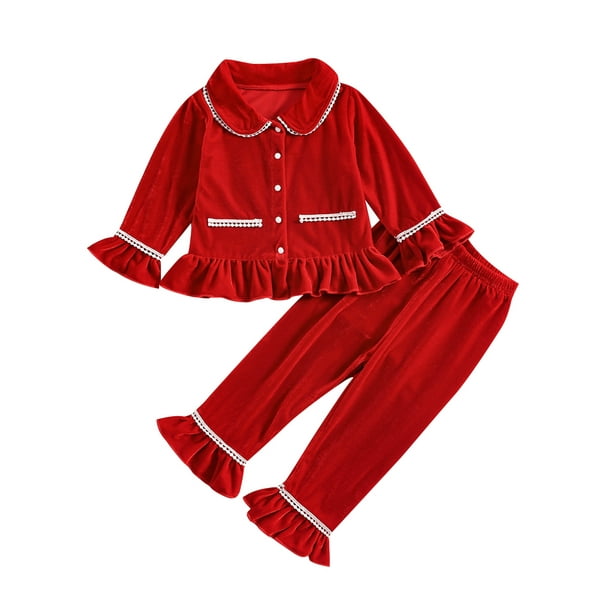 wybzd Toddler Baby Girl Christmas Velvet Pajamas Set Long Sleeve Lace