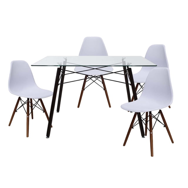 Set de comedor Cristal Oslo Nogal y 4 sillas Eames Blanco base Nogal Mundo In Minimalista