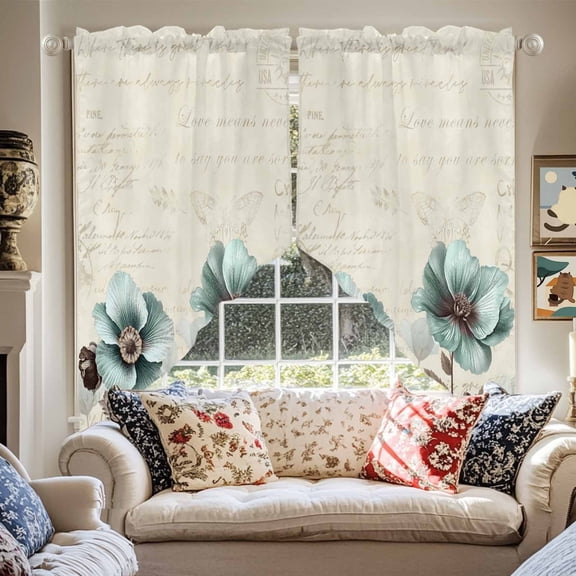 Victorian Style Swag Curtain Valance for Windows, Vintage Blue Flowers Broccoli Window Treatments Short Swag Topper for Kitchen Windows Bathroom Bedroom, 36"x63"