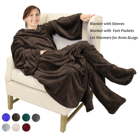 Fleece Blanket Wearable with Sleeves & Foot pockets for Men and Women, Micro