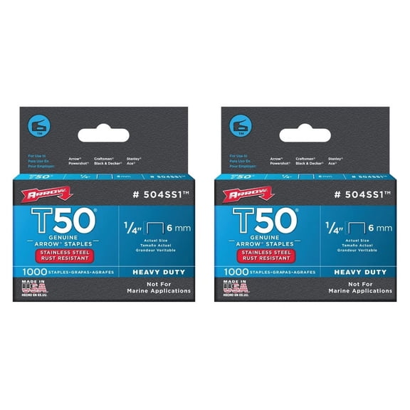 Pack of 2 Arrow Fastener 504SS1 1/4" T50 Stainless Steel Staples