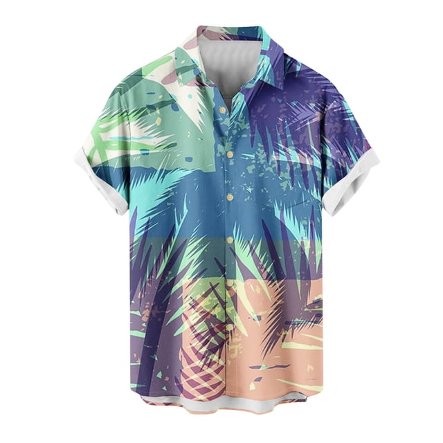 Mens Manga Corta Botón Abajo Camisas Hawaii Turndown Cuello Impresión Casual Blusa, Camisas de Verano para Hombre