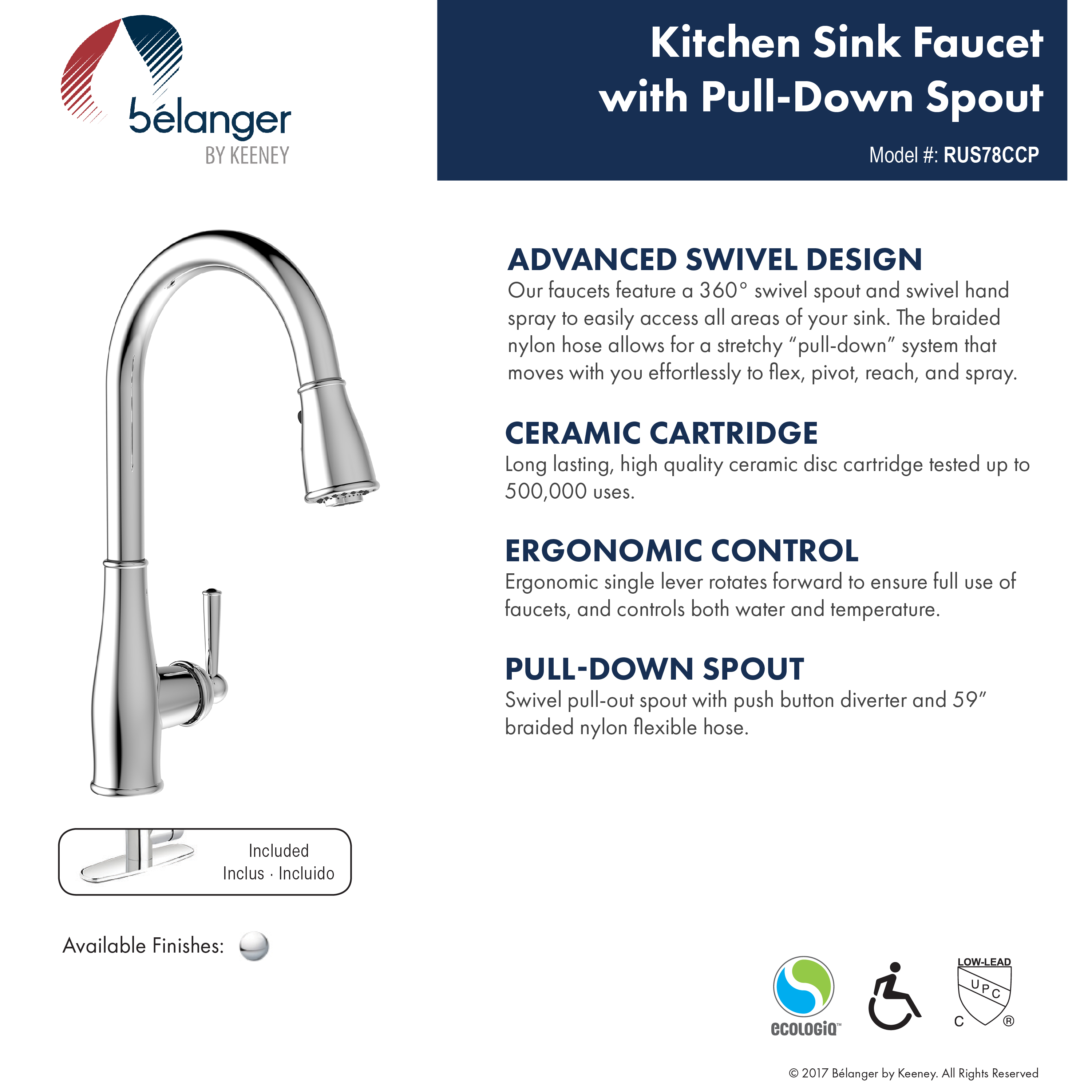 Belanger RUS78CCP Single Handle Pull-Down Kitchen Faucet, Polished Chrome