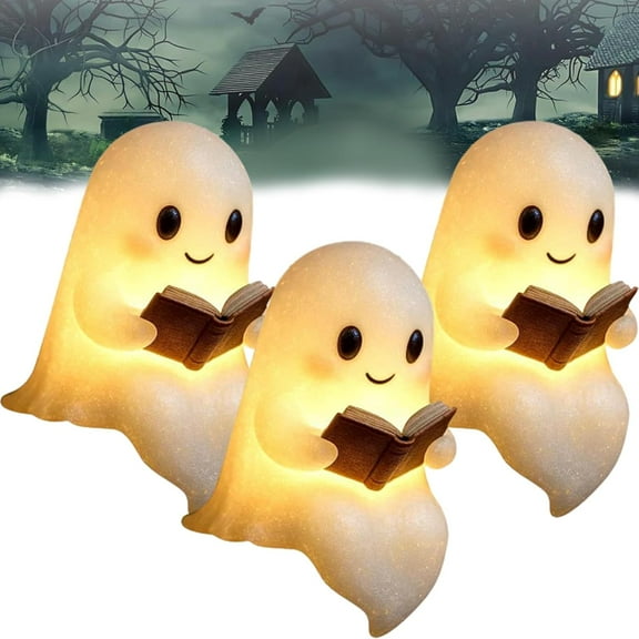 Summercome 3Pcs Cute Ghost Reading Book Lamp, Halloween Ghost Night Light, Ghost Reading Night Lights, 3D LED Night Light Halloween, Light Up Halloween Decor, for Bedroom Study Room, Readers (6inch)