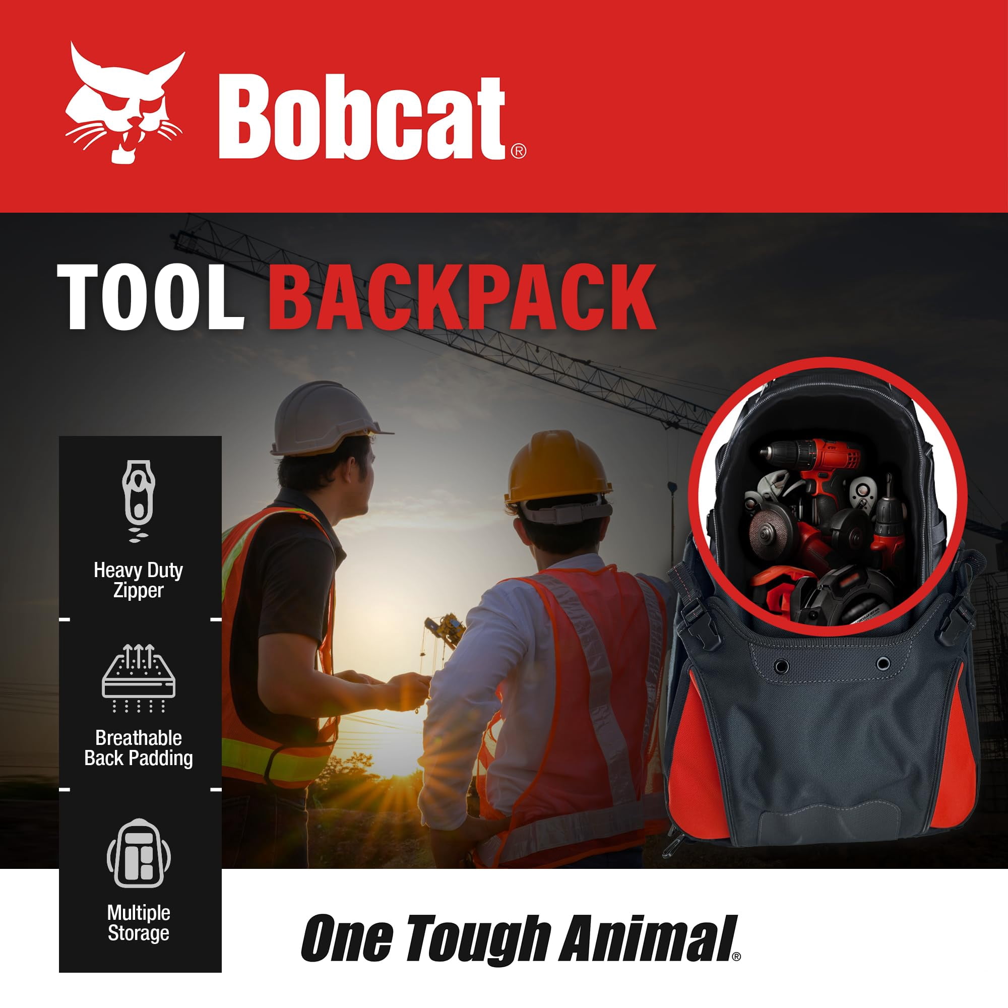 Bobcat Tool Backpack Heavy Duty – Work Tool Bag with 24 Pockets ForTechnician,Havc, Maintenance-Electrician tool bag with Smart Storage – Black/Red