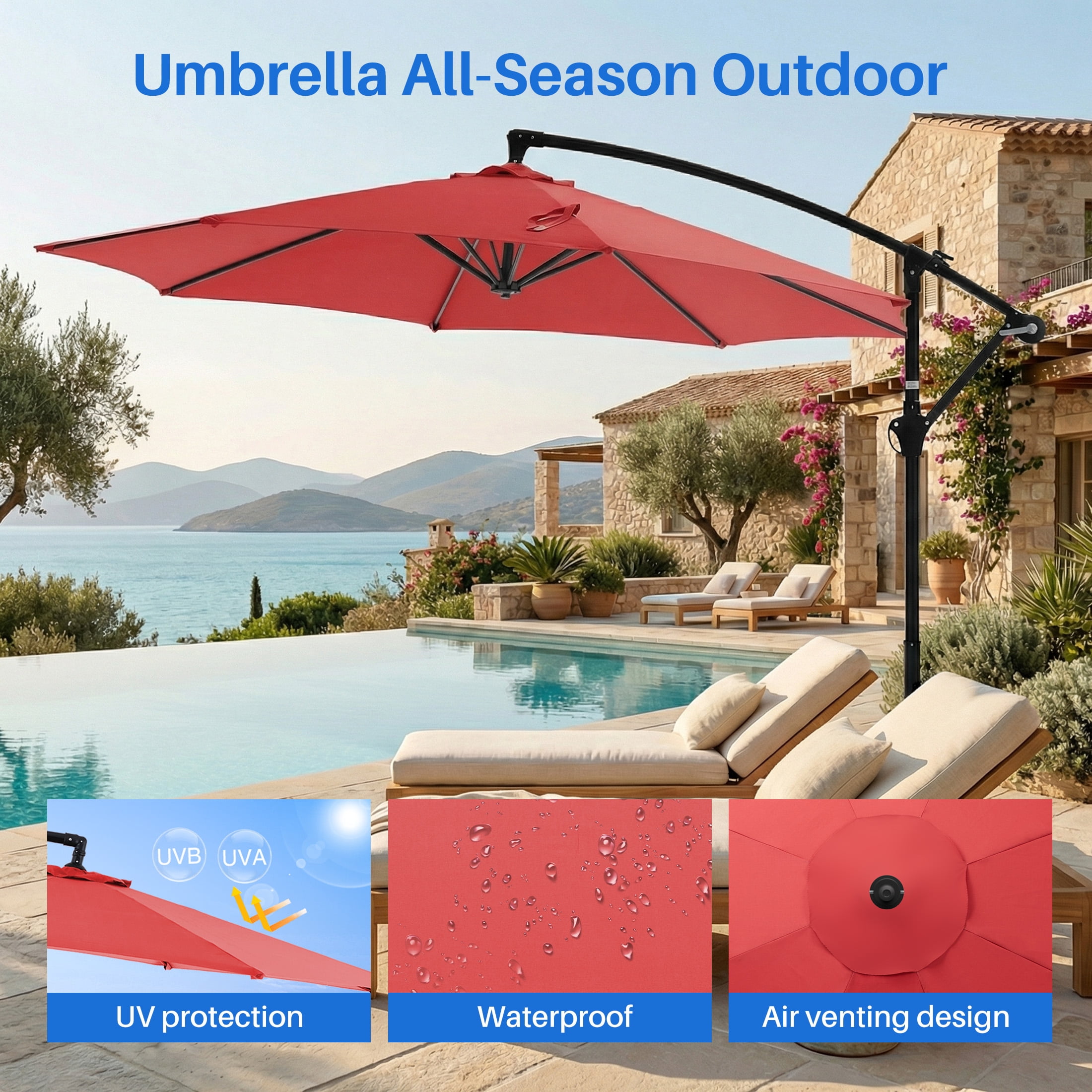 SHOUFTW 10 ft Offset Outdoor Patio Umbrella with Base, Easy Tilt & Crank, Adjustable Polyester Shade for Garden, Backyard, Poolside, Red