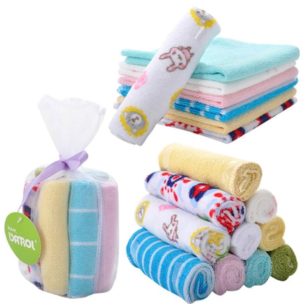 8pcs/Pack Baby Square Washcloth Natural Cotton with Cartoon Printed, Newborn Baby Face Towel Perfect Gift, Extra Soft, Breathable, can be used as bibs wipes, 9x9in