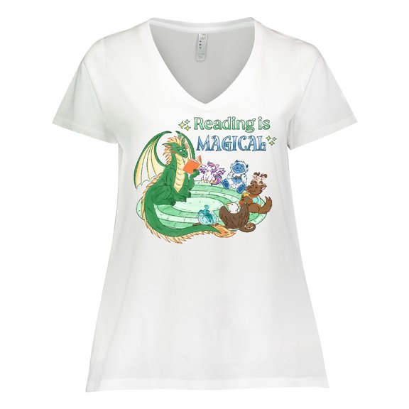 Inktastic Reading is Magical Dragon Green Dragon with Book Women's Plus Size V-Neck T-Shirt
