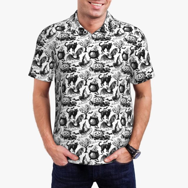 Balery Black White Halloween Camisa Polo de Hombre con Estampado, de Manga Corta y Tejido Medio, Camisa Tipo Golf Polo-X-Large