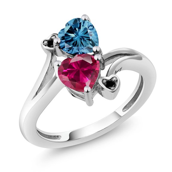 Gem Stone King 10K White Gold Diamond Accent Ring Heart Shape Persian Blue Moissanite and Created Ruby Red (1.80 Cttw, Size 7)
